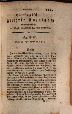 Göttingische gelehrte Anzeigen (Göttingische Zeitungen von gelehrten Sachen) Donnerstag 28. September 1815