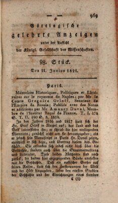 Göttingische gelehrte Anzeigen (Göttingische Zeitungen von gelehrten Sachen) Donnerstag 21. Juni 1821