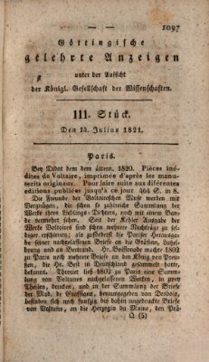 Göttingische gelehrte Anzeigen (Göttingische Zeitungen von gelehrten Sachen) Samstag 14. Juli 1821