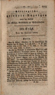 Göttingische gelehrte Anzeigen (Göttingische Zeitungen von gelehrten Sachen) Samstag 14. Juli 1821