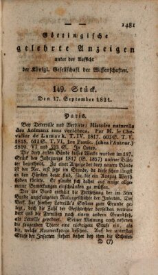 Göttingische gelehrte Anzeigen (Göttingische Zeitungen von gelehrten Sachen) Montag 17. September 1821