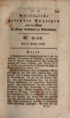 Göttingische gelehrte Anzeigen (Göttingische Zeitungen von gelehrten Sachen) Samstag 1. Juni 1822