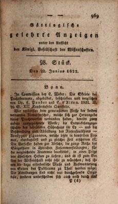 Göttingische gelehrte Anzeigen (Göttingische Zeitungen von gelehrten Sachen) Samstag 22. Juni 1822