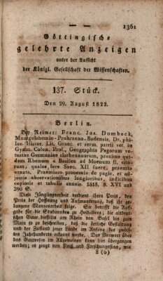 Göttingische gelehrte Anzeigen (Göttingische Zeitungen von gelehrten Sachen) Donnerstag 29. August 1822