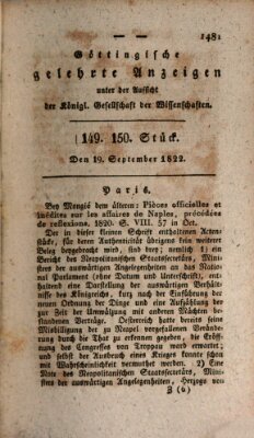 Göttingische gelehrte Anzeigen (Göttingische Zeitungen von gelehrten Sachen) Donnerstag 19. September 1822