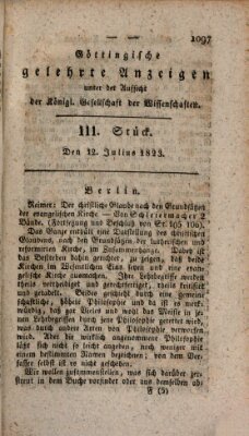 Göttingische gelehrte Anzeigen (Göttingische Zeitungen von gelehrten Sachen) Samstag 12. Juli 1823