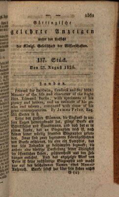 Göttingische gelehrte Anzeigen (Göttingische Zeitungen von gelehrten Sachen) Samstag 27. August 1825