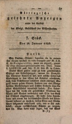 Göttingische gelehrte Anzeigen (Göttingische Zeitungen von gelehrten Sachen) Samstag 14. Januar 1826