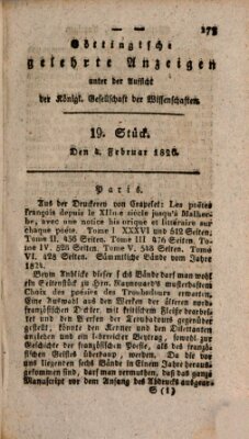 Göttingische gelehrte Anzeigen (Göttingische Zeitungen von gelehrten Sachen) Samstag 4. Februar 1826