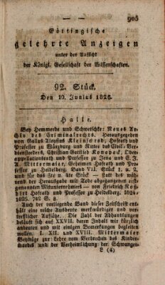 Göttingische gelehrte Anzeigen (Göttingische Zeitungen von gelehrten Sachen) Samstag 10. Juni 1826