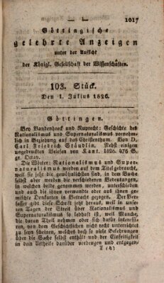 Göttingische gelehrte Anzeigen (Göttingische Zeitungen von gelehrten Sachen) Samstag 1. Juli 1826