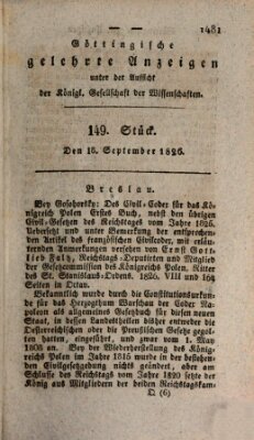 Göttingische gelehrte Anzeigen (Göttingische Zeitungen von gelehrten Sachen) Montag 18. September 1826