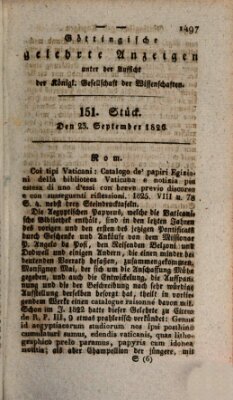 Göttingische gelehrte Anzeigen (Göttingische Zeitungen von gelehrten Sachen) Samstag 23. September 1826