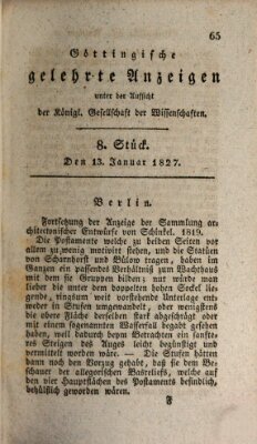 Göttingische gelehrte Anzeigen (Göttingische Zeitungen von gelehrten Sachen) Samstag 13. Januar 1827