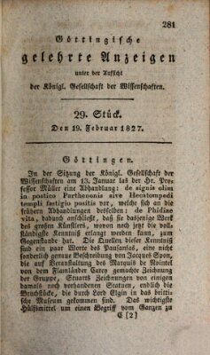 Göttingische gelehrte Anzeigen (Göttingische Zeitungen von gelehrten Sachen) Montag 19. Februar 1827