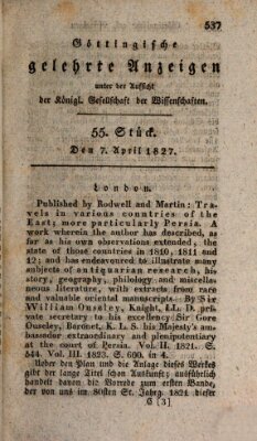 Göttingische gelehrte Anzeigen (Göttingische Zeitungen von gelehrten Sachen) Samstag 7. April 1827