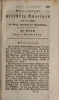 Göttingische gelehrte Anzeigen (Göttingische Zeitungen von gelehrten Sachen) Samstag 2. Juni 1827