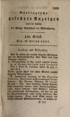 Göttingische gelehrte Anzeigen (Göttingische Zeitungen von gelehrten Sachen) Samstag 28. Juli 1827