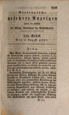 Göttingische gelehrte Anzeigen (Göttingische Zeitungen von gelehrten Sachen) Samstag 4. August 1827