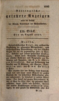 Göttingische gelehrte Anzeigen (Göttingische Zeitungen von gelehrten Sachen) Samstag 18. August 1827