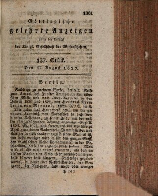 Göttingische gelehrte Anzeigen (Göttingische Zeitungen von gelehrten Sachen) Montag 27. August 1827