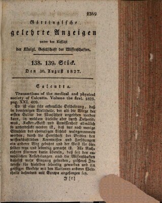 Göttingische gelehrte Anzeigen (Göttingische Zeitungen von gelehrten Sachen) Donnerstag 30. August 1827