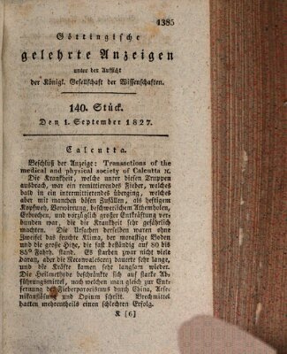 Göttingische gelehrte Anzeigen (Göttingische Zeitungen von gelehrten Sachen) Samstag 1. September 1827