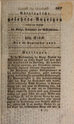 Göttingische gelehrte Anzeigen (Göttingische Zeitungen von gelehrten Sachen) Samstag 22. September 1827