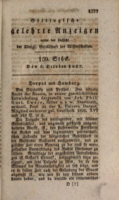 Göttingische gelehrte Anzeigen (Göttingische Zeitungen von gelehrten Sachen) Samstag 6. Oktober 1827