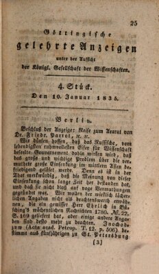 Göttingische gelehrte Anzeigen (Göttingische Zeitungen von gelehrten Sachen) Samstag 10. Januar 1835