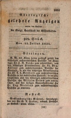 Göttingische gelehrte Anzeigen (Göttingische Zeitungen von gelehrten Sachen) Montag 13. Juli 1835