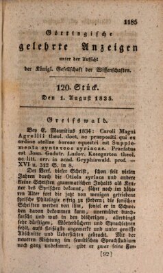 Göttingische gelehrte Anzeigen (Göttingische Zeitungen von gelehrten Sachen) Samstag 1. August 1835