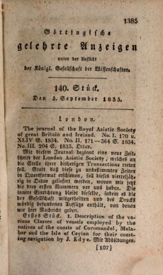 Göttingische gelehrte Anzeigen (Göttingische Zeitungen von gelehrten Sachen) Samstag 5. September 1835