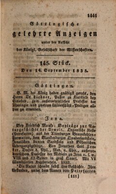 Göttingische gelehrte Anzeigen (Göttingische Zeitungen von gelehrten Sachen) Montag 14. September 1835