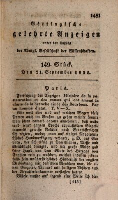 Göttingische gelehrte Anzeigen (Göttingische Zeitungen von gelehrten Sachen) Montag 21. September 1835