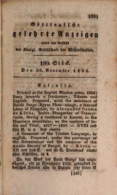 Göttingische gelehrte Anzeigen (Göttingische Zeitungen von gelehrten Sachen) Montag 30. November 1835