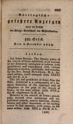 Göttingische gelehrte Anzeigen (Göttingische Zeitungen von gelehrten Sachen) Samstag 5. Dezember 1835