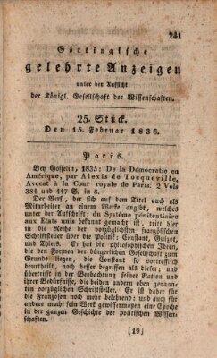 Göttingische gelehrte Anzeigen (Göttingische Zeitungen von gelehrten Sachen) Montag 15. Februar 1836