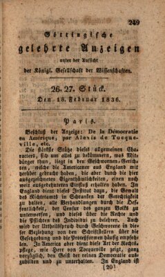 Göttingische gelehrte Anzeigen (Göttingische Zeitungen von gelehrten Sachen) Donnerstag 18. Februar 1836