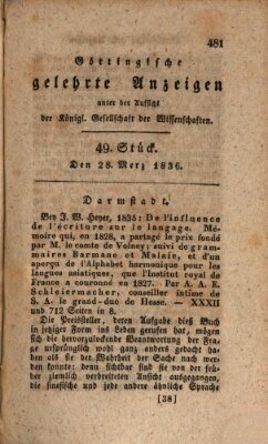 Göttingische gelehrte Anzeigen (Göttingische Zeitungen von gelehrten Sachen) Montag 28. März 1836