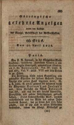 Göttingische gelehrte Anzeigen (Göttingische Zeitungen von gelehrten Sachen) Samstag 16. April 1836