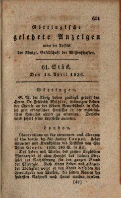 Göttingische gelehrte Anzeigen (Göttingische Zeitungen von gelehrten Sachen) Montag 18. April 1836