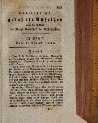 Göttingische gelehrte Anzeigen (Göttingische Zeitungen von gelehrten Sachen) Samstag 11. Juni 1836