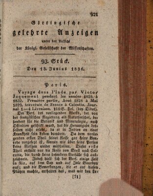 Göttingische gelehrte Anzeigen (Göttingische Zeitungen von gelehrten Sachen) Montag 13. Juni 1836