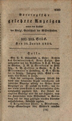 Göttingische gelehrte Anzeigen (Göttingische Zeitungen von gelehrten Sachen) Donnerstag 30. Juni 1836