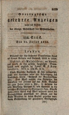 Göttingische gelehrte Anzeigen (Göttingische Zeitungen von gelehrten Sachen) Donnerstag 21. Juli 1836