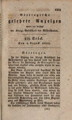 Göttingische gelehrte Anzeigen (Göttingische Zeitungen von gelehrten Sachen) Montag 1. August 1836