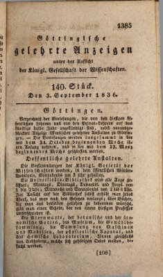 Göttingische gelehrte Anzeigen (Göttingische Zeitungen von gelehrten Sachen) Samstag 3. September 1836