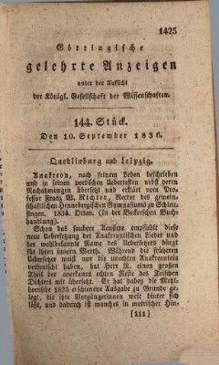 Göttingische gelehrte Anzeigen (Göttingische Zeitungen von gelehrten Sachen) Samstag 10. September 1836