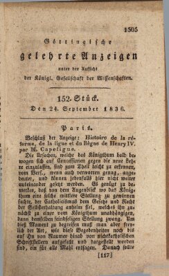 Göttingische gelehrte Anzeigen (Göttingische Zeitungen von gelehrten Sachen) Samstag 24. September 1836